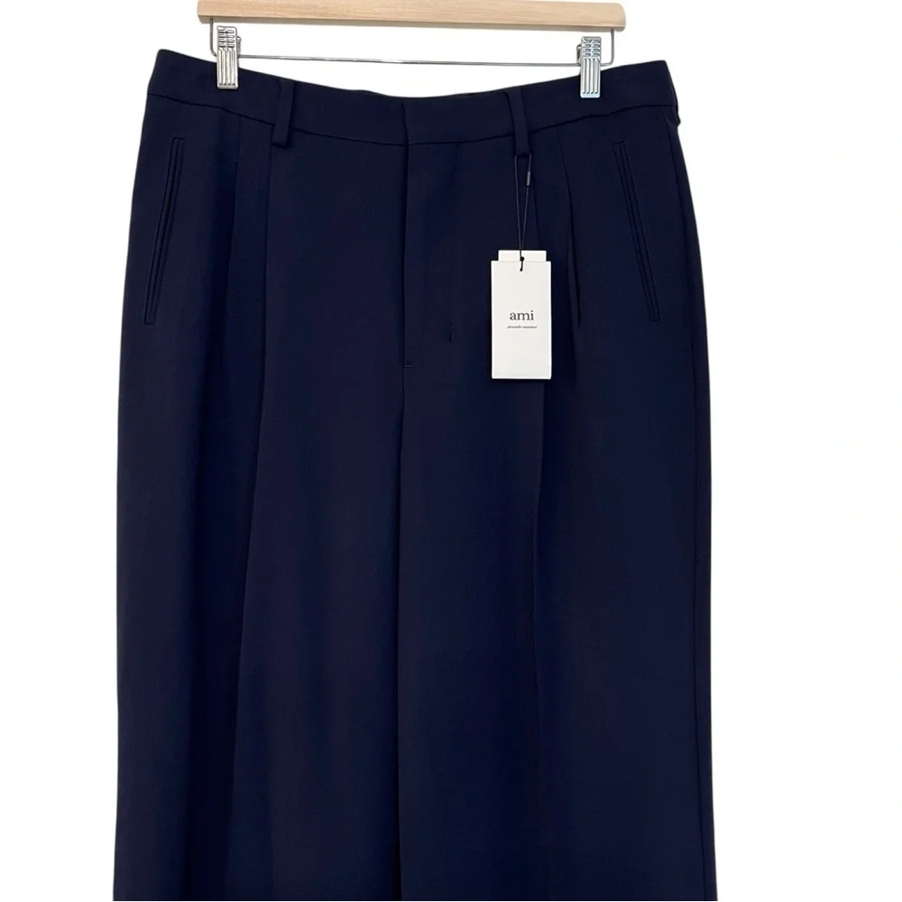 Ami Pleated Front Virgin Wool Trousers Navy Blue Size 42 NWT Contemporary Modern